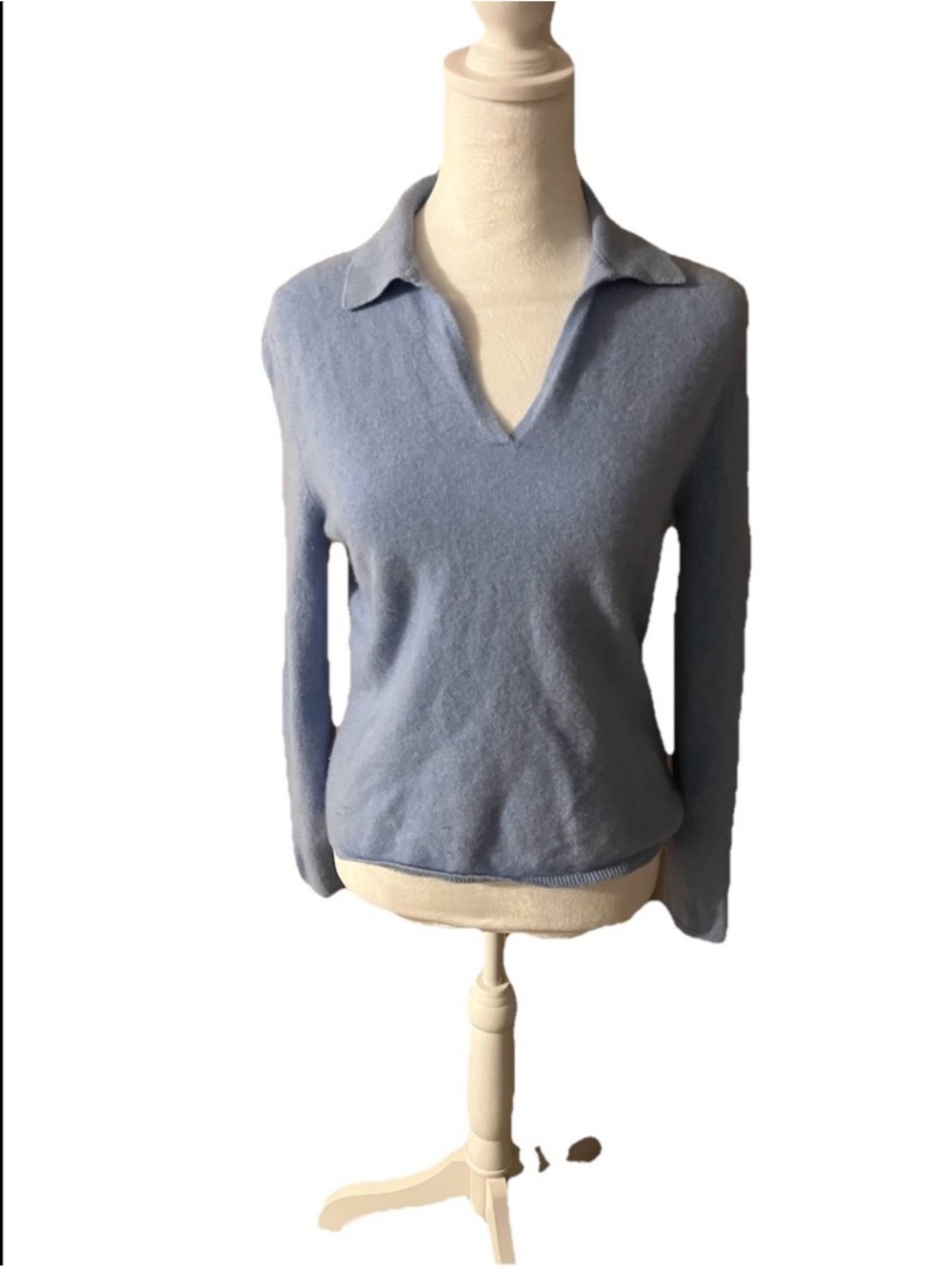 Lands End Cashmere V-neck Johnny Collared Sweater Women’s Size Small Light Blue
